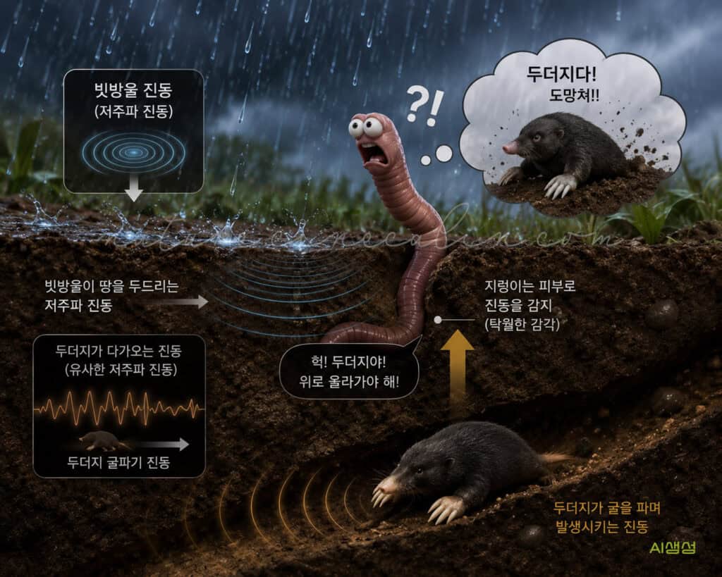 비 오는 날 지렁이가 땅 위로 올라오는 이유를 설명하는 블로그 본문과 인포그래픽 이미지. 상단 본문은 지렁이가 빗방울의 저주파 진동을 천적인 두더지가 굴을 파는 소리로 착각하여 지상으로 탈출한다는 가설과 낚시 기술인 '웜 그런팅'을 설명함. 중앙의 인포그래픽은 비가 내리는 땅속 단면도임. 좌측에는 빗방울이 땅을 두드리는 진동 파장과 두더지가 다가오는 굴파기 진동 파장이 유사하다는 것을 보여주는 비교 그래프가 있음. 땅속 깊은 곳에서 두더지가 굴을 파며 진동을 발생시키고 있으며, 이를 피부로 감지한 지렁이가 두 눈이 튀어나올 듯 크게 놀란 표정으로 땅 위로 솟구쳐 오르는 모습이 묘사됨. 지렁이 옆에는 "헉! 두더지야! 위로 올라가야 해!", "두더지다! 도망쳐!!"라는 다급한 말풍선이 달려 있음. 하단 본문은 기압 하강과 고습도를 감지하는 지렁이의 감각 수용기에 대해 설명함. 우측 하단에는 'AI 생성'이라는 문구가 적혀 있음.