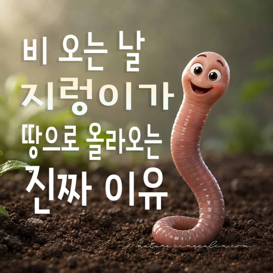 비 오는 날 젖은 흙 위로 올라온 지렁이 3D 캐릭터 모습과 '비 오는 날 지렁이가 땅으로 올라오는 진짜 이유'라는 제목 글귀.